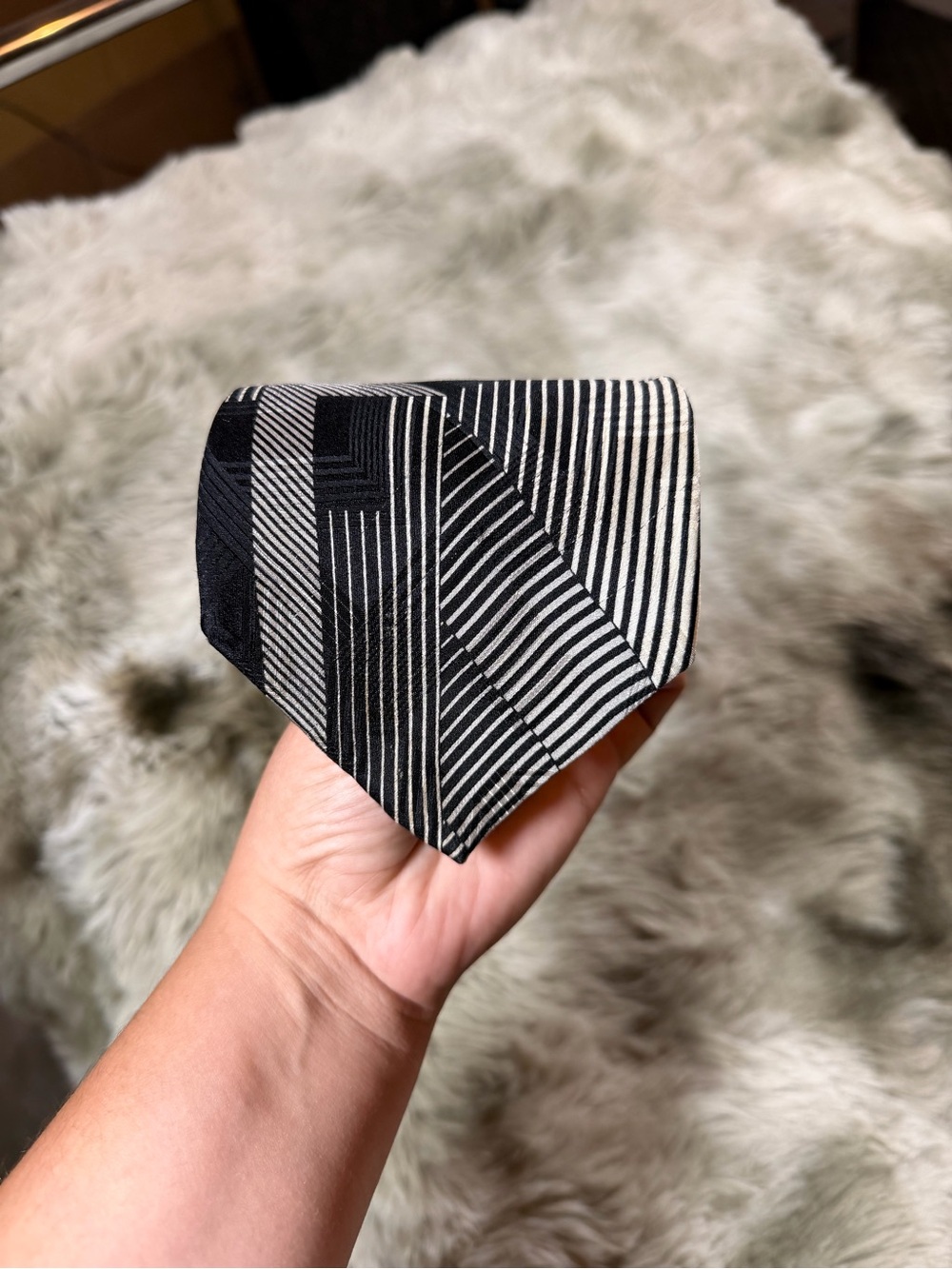 Vintage L’Atelier Men’s Silk Black and Ivory Striped Tie - Art Deco